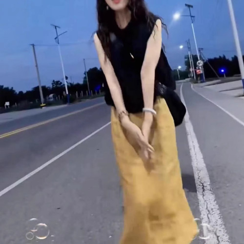 25633新大愛美依緣2025夏季新款時尚黑色無袖上衣垂墜感半身裙女
