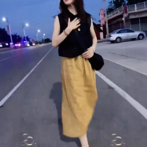 25633新大愛美依緣2025夏季新款時尚黑色無袖上衣垂墜感半身裙女
