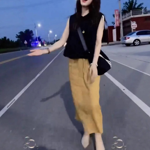 25633新大愛美依緣2025夏季新款時尚黑色無袖上衣垂墜感半身裙女