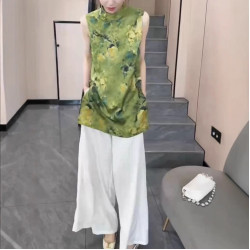 25636新大愛美依緣2025夏季新款新中式復古印花上衣高腰濶腿褲女