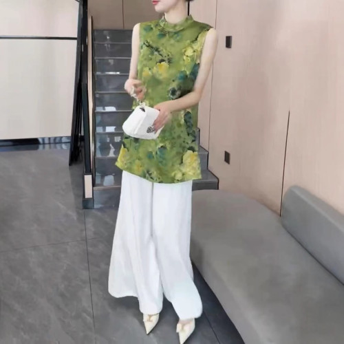 25636新大愛美依緣2025夏季新款新中式復古印花上衣高腰濶腿褲女