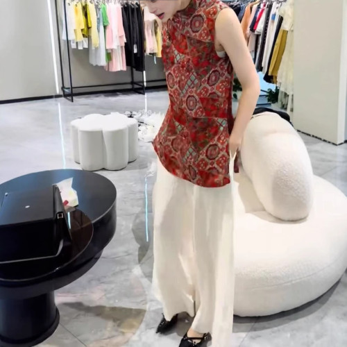 25636新大愛美依緣2025夏季新款新中式復古印花上衣高腰濶腿褲女
