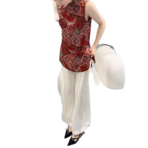 25636新大愛美依緣2025夏季新款新中式復古印花上衣高腰濶腿褲女