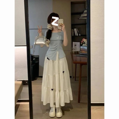 法式溫柔風蝴蝶結設計感夏季藍色開叉長袖上衣高腰修身半身裙套裝