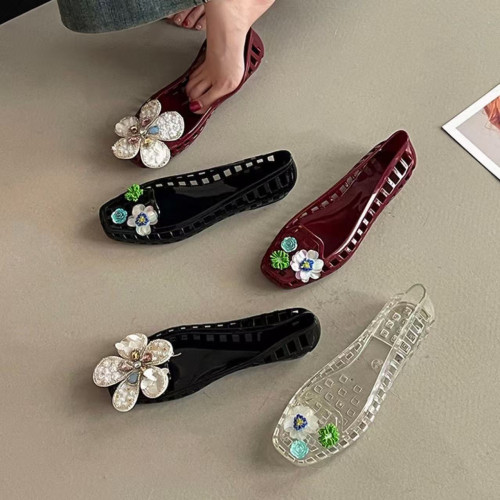 高級感加飾品韓國果凍鞋洞洞水晶鞋女平底沙灘百搭夏季淺口單鞋女