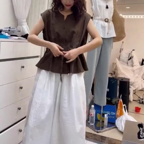 25661新大愛美依緣2025夏季新時尚圓領收腰系帶襯衫高腰濶腿褲潮