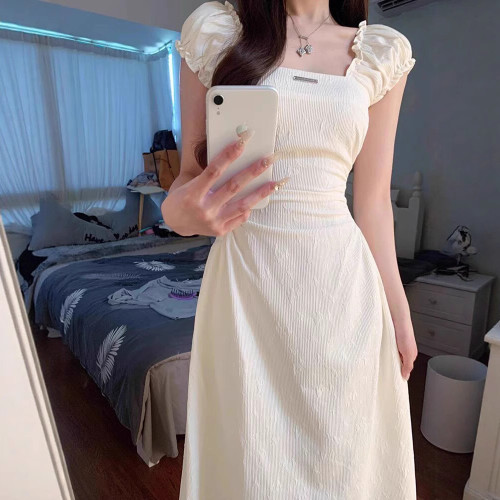法式初戀杏色連衣裙女學生夏季新款學院風韓版寬松收腰顯瘦A字裙