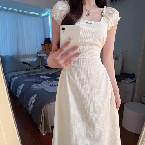 法式初戀杏色連衣裙女學生夏季新款學院風韓版寬松收腰顯瘦A字裙