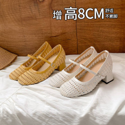 8cm內增高瑪麗珍鞋女2026新款夏季編織鏤空漁網涼鞋粗跟高跟單鞋