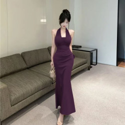 今年流行獨特高級感鏈條掛脖連衣裙女辣妹風性感露背綁帶魚尾長裙