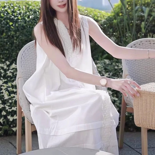 重磅亞麻法式輕奢拼接刺綉V領白色背心連衣裙氣質寬松長裙女夏季