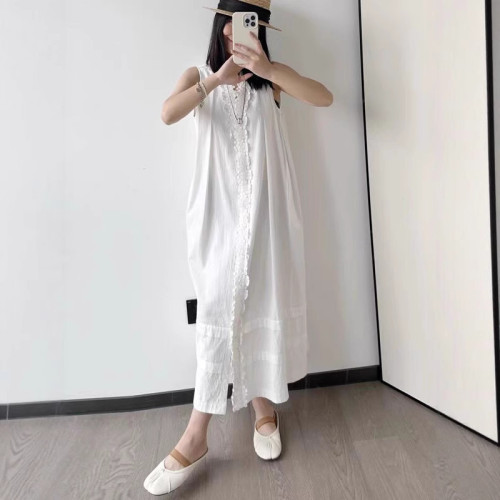 重磅亞麻法式輕奢拼接刺綉V領白色背心連衣裙氣質寬松長裙女夏季