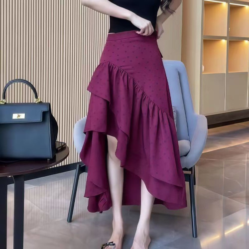 不規則半身裙荷葉魚尾裙子女夏季新款設計感高腰顯瘦中長款半身裙