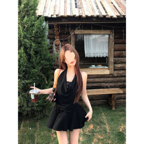 黑色辣妹純欲風假兩件蕾絲連衣裙女純欲修身掛脖裙子