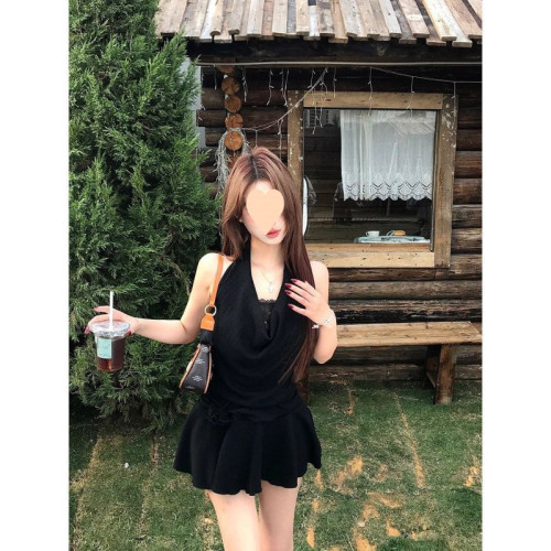 黑色辣妹純欲風假兩件蕾絲連衣裙女純欲修身掛脖裙子