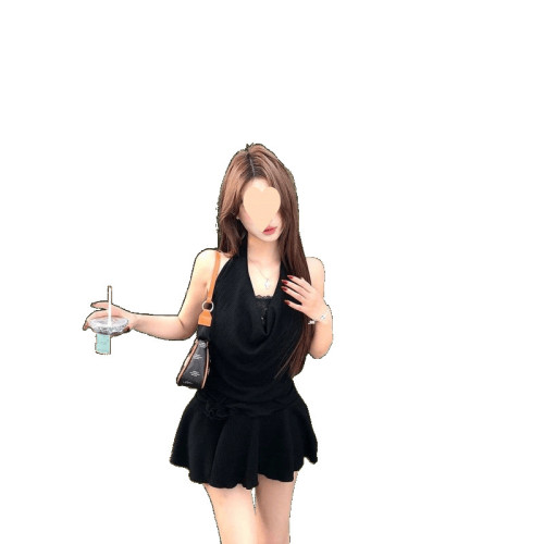 黑色辣妹純欲風假兩件蕾絲連衣裙女純欲修身掛脖裙子