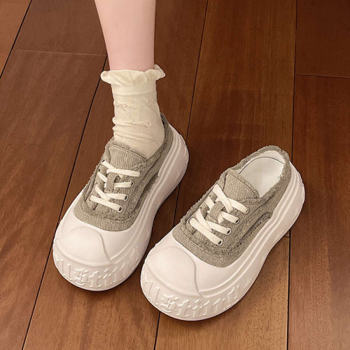 時尚休閒松糕醜萌大頭麵包鞋女2025春夏歐貨厚底乞丐帆布包頭半拖