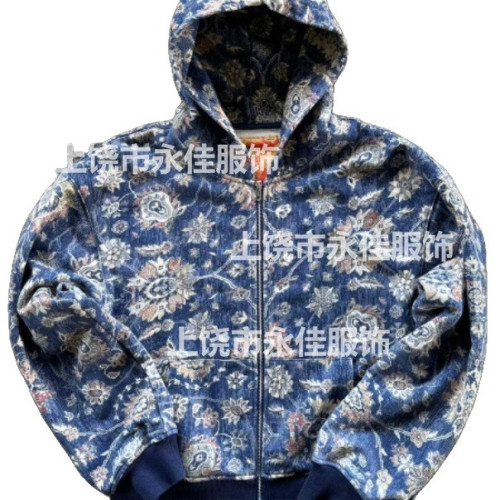2025歐美碎花連帽衛衣美式復古寬松新款時尚 拉鍊連帽衛衣