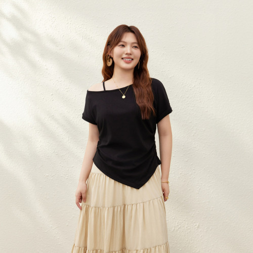 【海島阡陌】戀夏風斜肩露肩壓褶針織衫纖莉秀大碼女裝胖mm夏新款