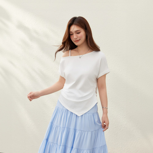 【海島阡陌】戀夏風斜肩露肩壓褶針織衫纖莉秀大碼女裝胖mm夏新款