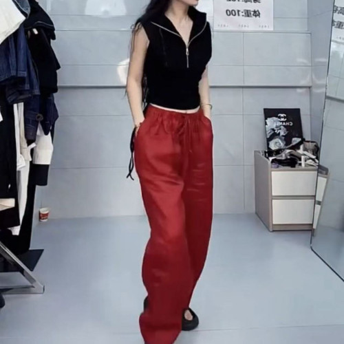 25680新大愛美依緣2025夏季新辣妹風半拉鍊修身背心休閒濶腿褲潮