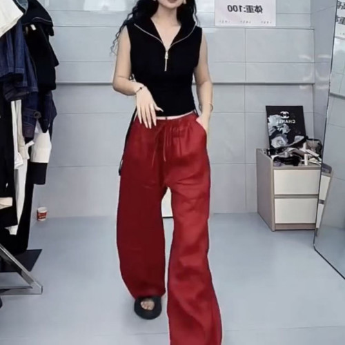 25680新大愛美依緣2025夏季新辣妹風半拉鍊修身背心休閒濶腿褲潮