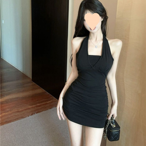 辣妹鏈條別致絕美掛脖綁帶設計感露背吊帶連衣裙女性感修身包臀裙