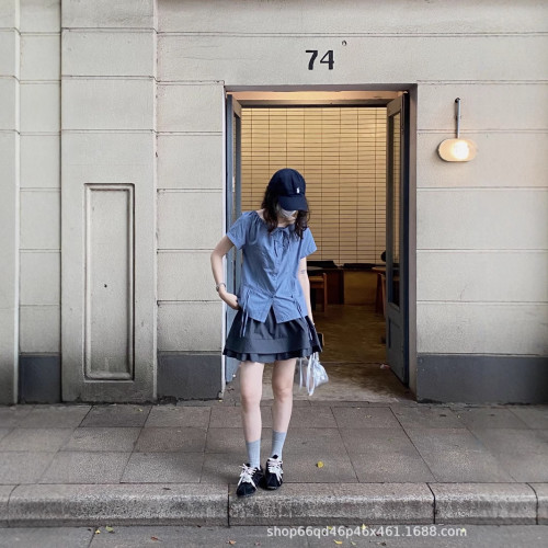 復古高腰半身裙女夏2025新款小個子絎縫下擺收褶a字短裙