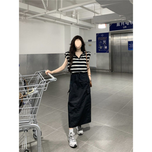 韓系polo領條紋T恤上衣中長款高腰顯瘦工裝半身裙女夏季時尚套裝