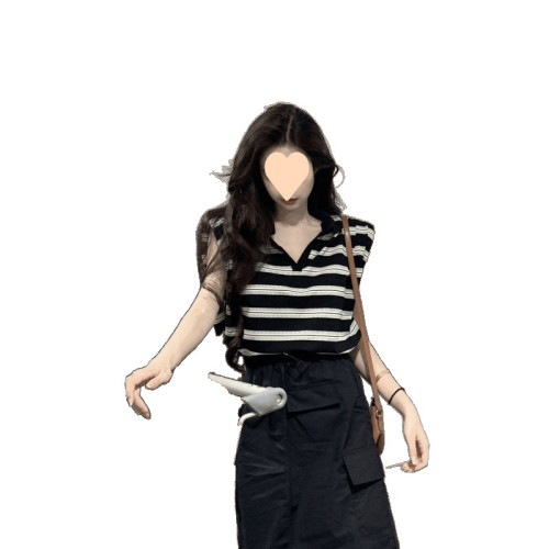 韓系polo領條紋T恤上衣中長款高腰顯瘦工裝半身裙女夏季時尚套裝