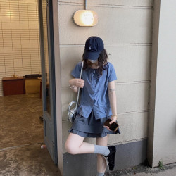 小衆設計感抽繩領短袖襯衫女夏季洋氣小衫休閒百搭上衣
