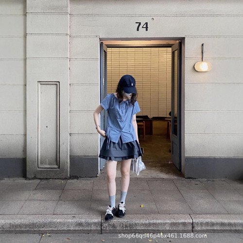 小衆設計感抽繩領短袖襯衫女夏季洋氣小衫休閒百搭上衣