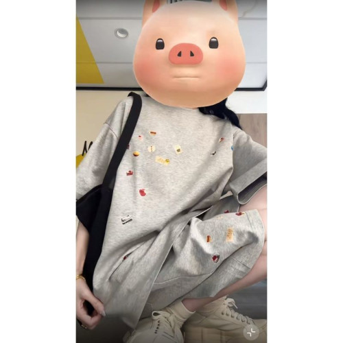 灰色休閒運動套裝女夏季日系學生寬松復古百搭短袖短褲慵懶兩件套