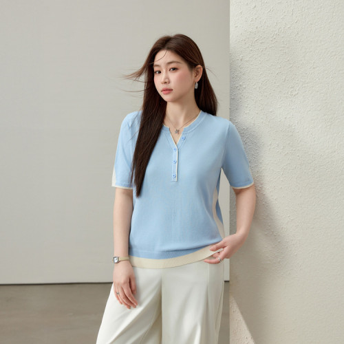 【海島假日】戀夏風假兩件撞色針織衫纖莉秀大碼女裝胖mm夏裝新款