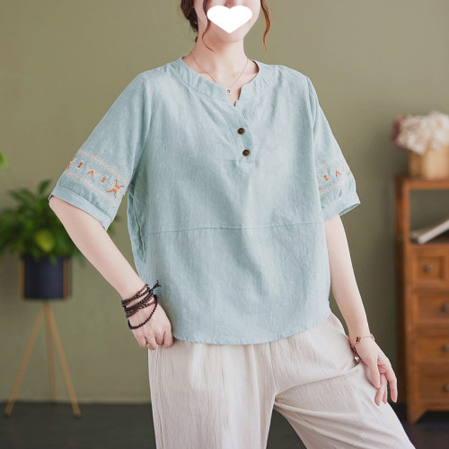 媽媽夏裝棉麻套裝洋氣新款衣服母親節中老年夏季短袖兩件套上衣