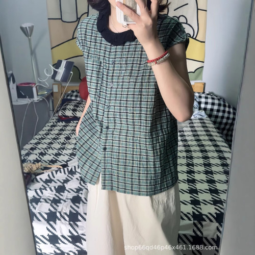 法式木耳邊格紋短袖襯衫女夏季新款設計感落肩無袖上衣
