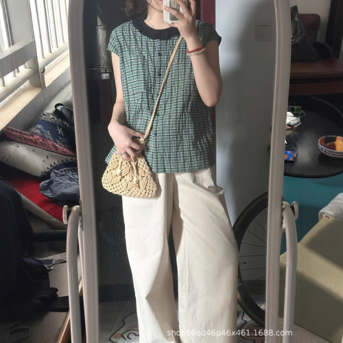 法式木耳邊格紋短袖襯衫女夏季新款設計感落肩無袖上衣