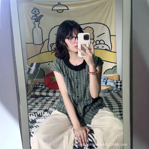 法式木耳邊格紋短袖襯衫女夏季新款設計感落肩無袖上衣