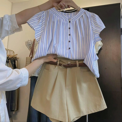 法式復古韓系氣質條紋襯衫女夏季新款設計感小衆百搭飛飛袖上衣