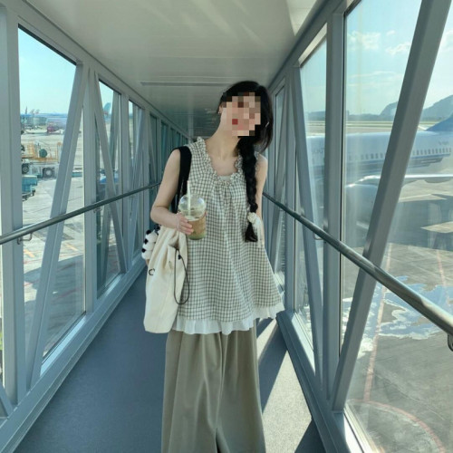 時尚套裝女夏季韓系復古格子花邊領口無袖背心搭配濶腿長褲兩件套