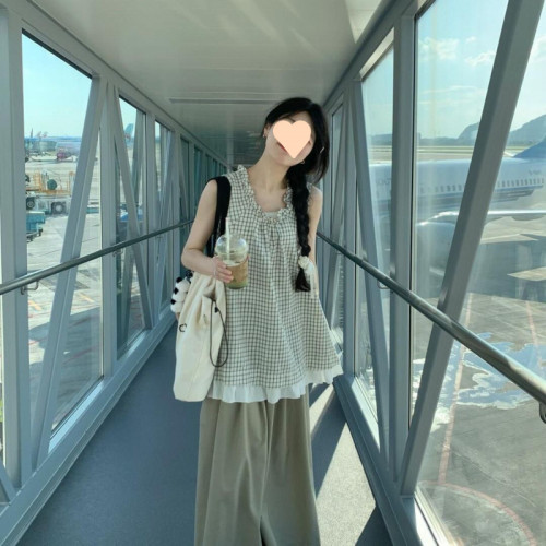 時尚套裝女夏季韓系復古格子花邊領口無袖背心搭配濶腿長褲兩件套