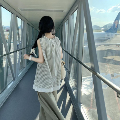 時尚套裝女夏季韓系復古格子花邊領口無袖背心搭配濶腿長褲兩件套