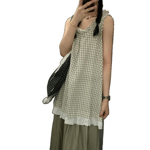 時尚套裝女夏季韓系復古格子花邊領口無袖背心搭配濶腿長褲兩件套