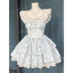 夏季新款小飛袖法式碎花連衣裙女甜美收腰顯瘦公主蓬蓬a字短裙子