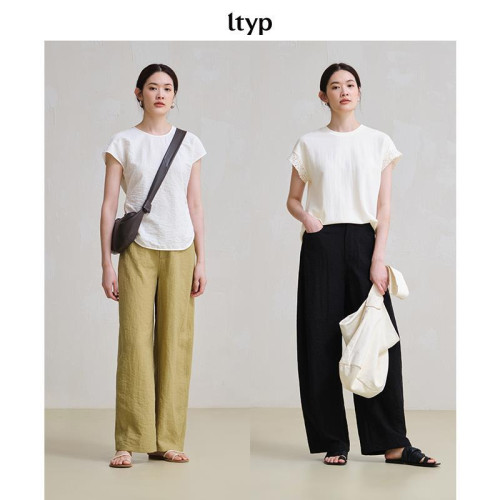 ltyp旅途原品 肌理皺感亞麻混紡立裁鐮刀褲 文藝簡約休閒褲子女夏