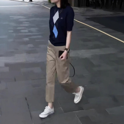 660605新大愛美依緣2025夏季新款藏藍色圓領短袖上衣休閒九分褲女
