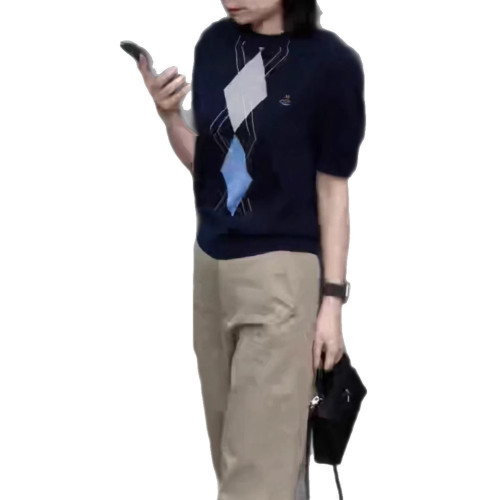 660605新大愛美依緣2025夏季新款藏藍色圓領短袖上衣休閒九分褲女