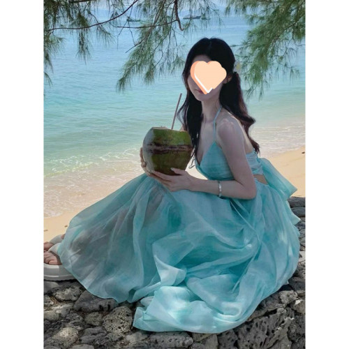 三亞沙灘度假連衣裙女藍色度假裙海邊沙灘吊帶裙性感露背長裙夏