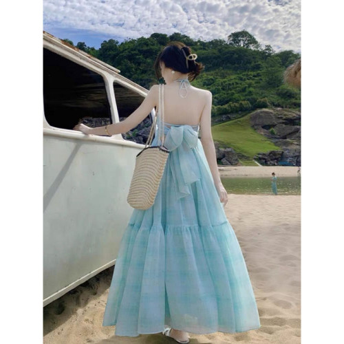 三亞沙灘度假連衣裙女藍色度假裙海邊沙灘吊帶裙性感露背長裙夏