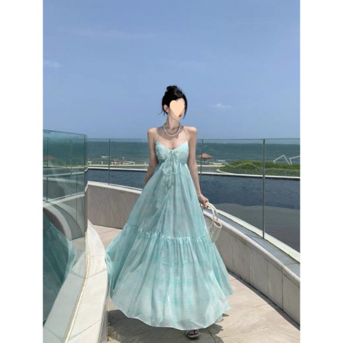 三亞沙灘度假連衣裙女藍色度假裙海邊沙灘吊帶裙性感露背長裙夏